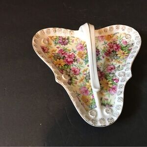 Tilso Japan Floral Trinket Dish with Handle Gold Edging Hand Painted